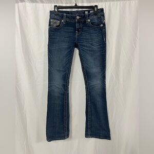 Miss me mid rise boot cut jeans flap pockets medium wash studded size 27
